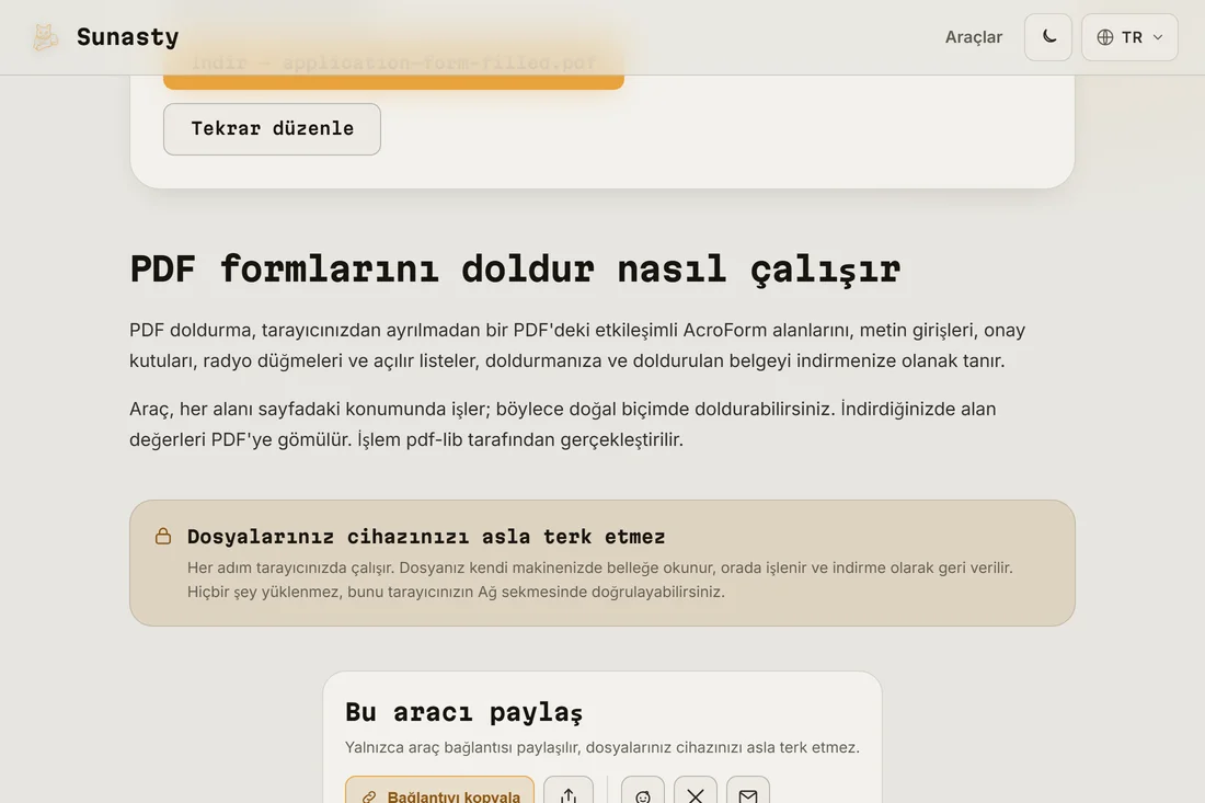 Tüm alanlar doldurulmuş ve bir imza eklenmiş, indirilmeye hazır tamamlanmış PDF formu