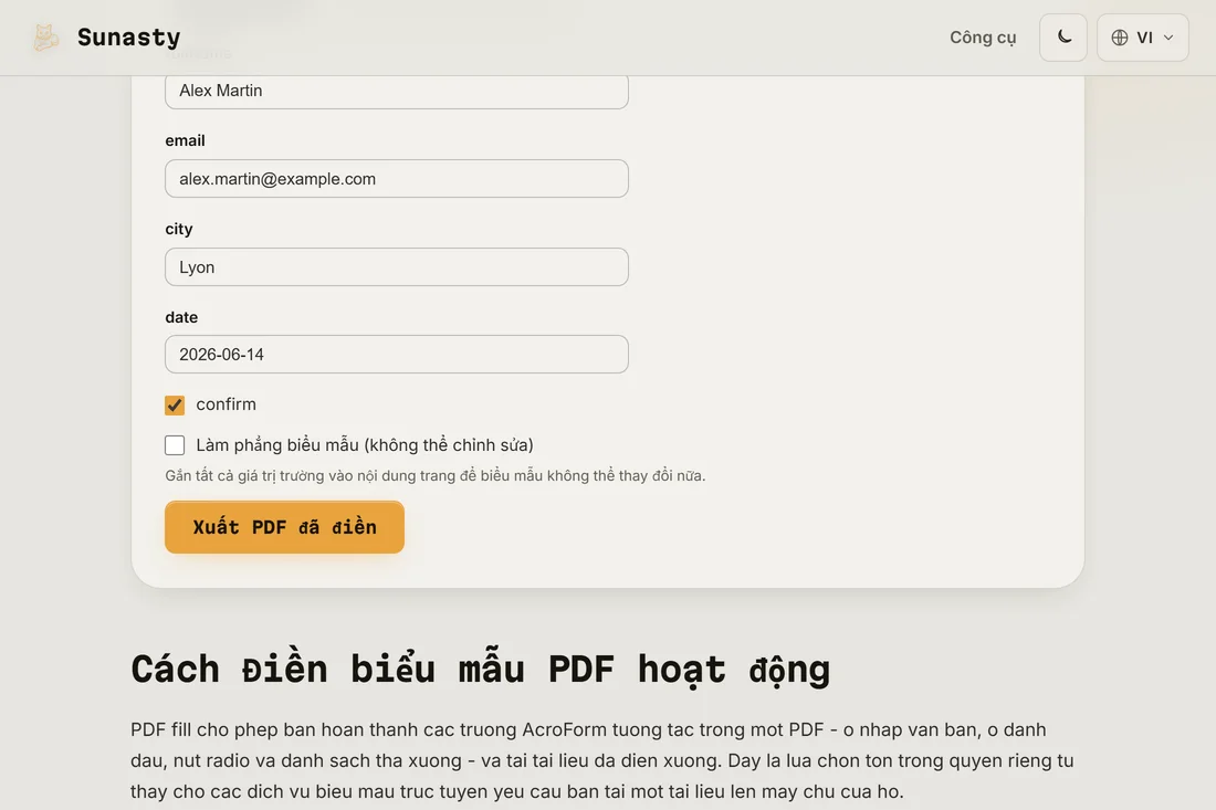 Công cụ điền biểu mẫu PDF đã nạp một tờ khai thuế, các trường tương tác được làm nổi bật và trường đầu tiên đang được gõ vào