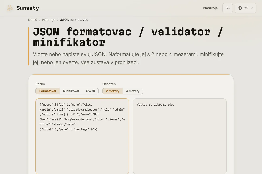 Minifikovaný JSON vložený do vstupního panelu formátovače JSON
