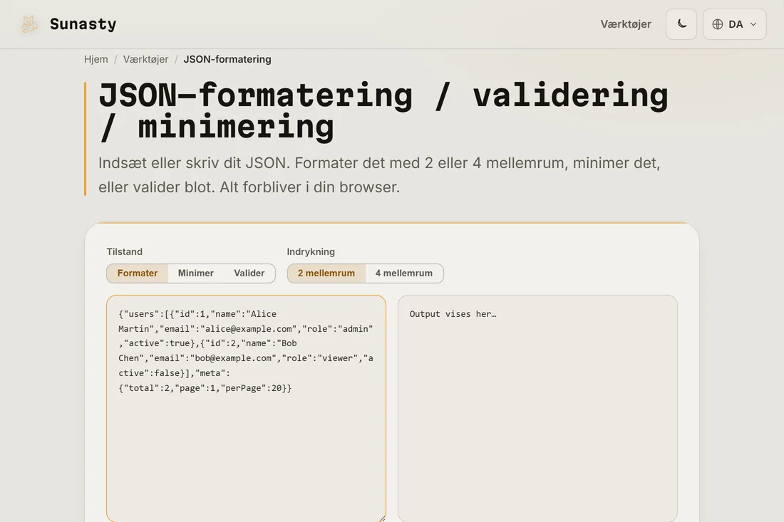 Minificeret JSON indsat i inputpanelet i JSON-formateren