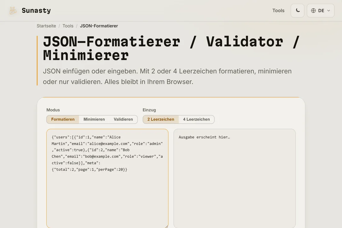 Minifiziertes JSON, eingefügt in das Eingabefeld des JSON-Formatierers