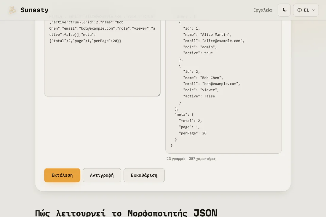 Το ίδιο JSON σε ευανάγνωστη εμφάνιση με εσοχή 2 κενών στο πλαίσιο εξόδου