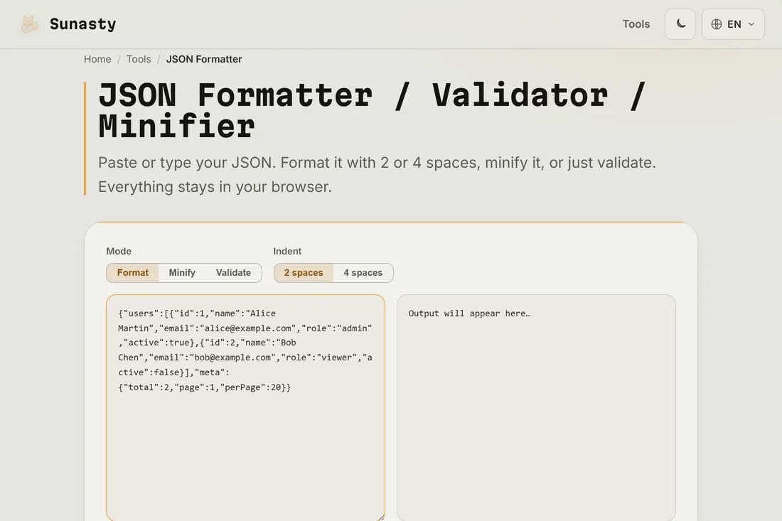 Minified JSON pasted into the input panel of the JSON formatter