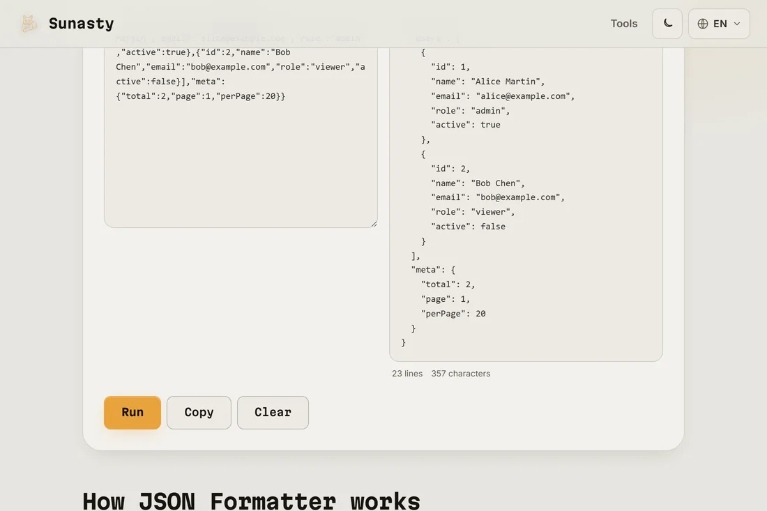 The same JSON pretty-printed with 2-space indentation in the output panel