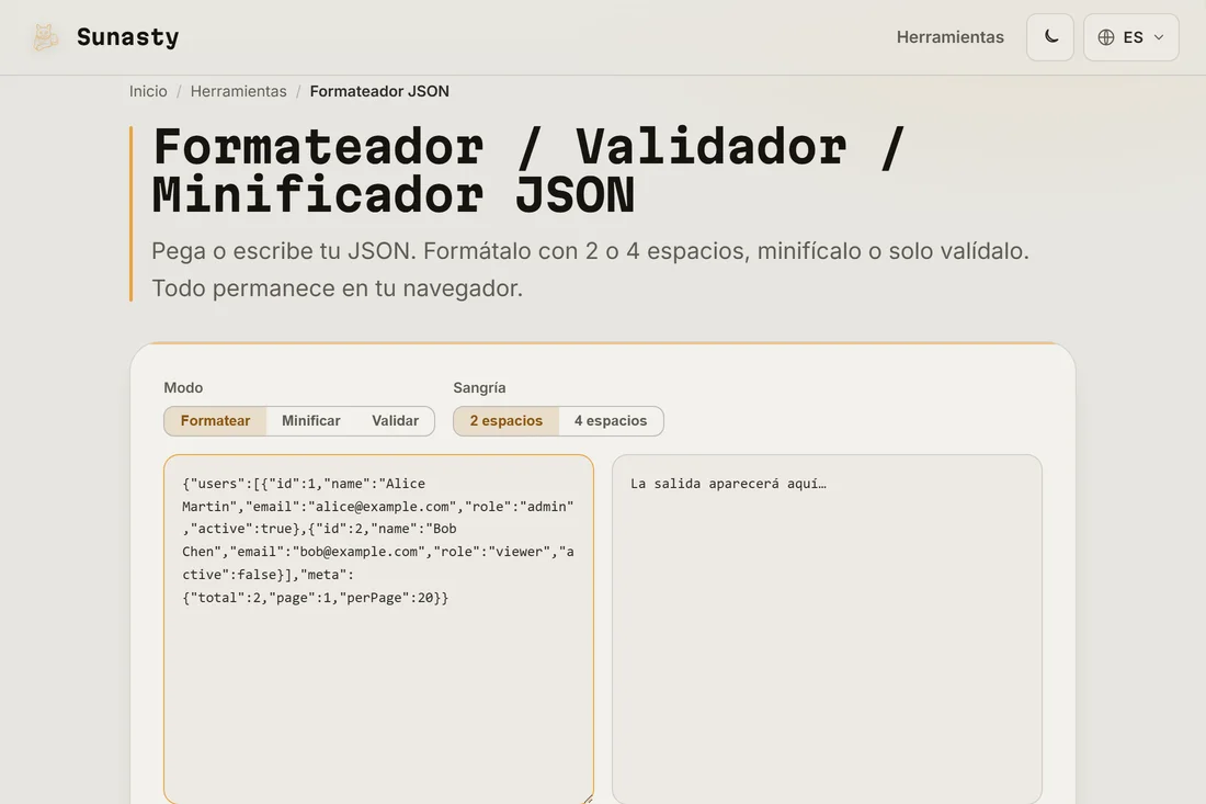 JSON minificado pegado en el panel de entrada del formateador de JSON