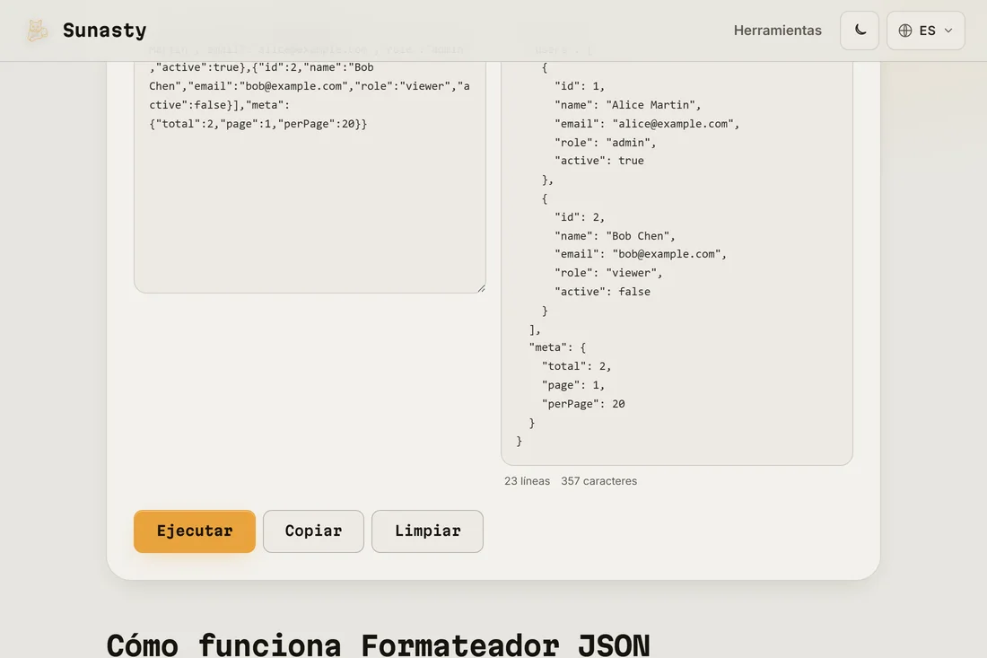 El mismo JSON indentado con 2 espacios en el panel de salida