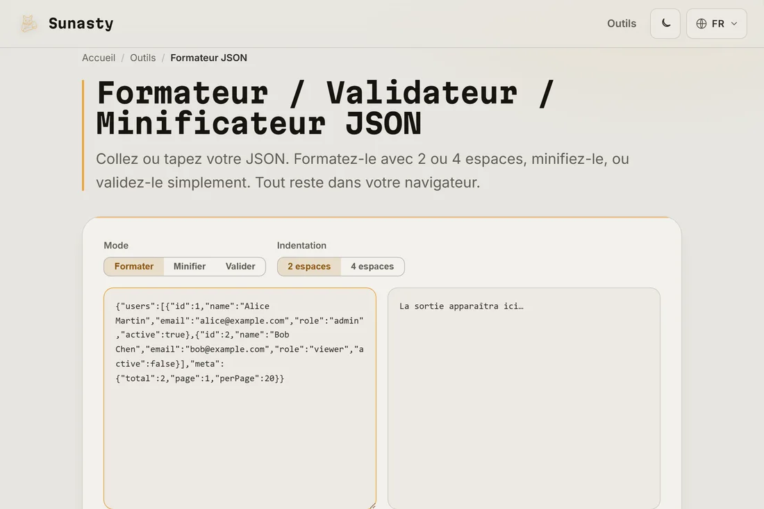 Du JSON minifie colle dans le panneau de saisie du formateur JSON
