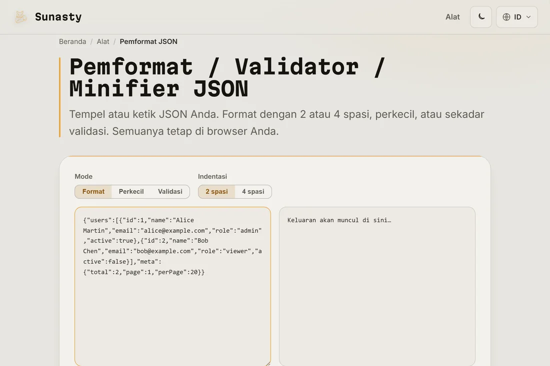 JSON yang diminify ditempel ke panel masukan formatter JSON