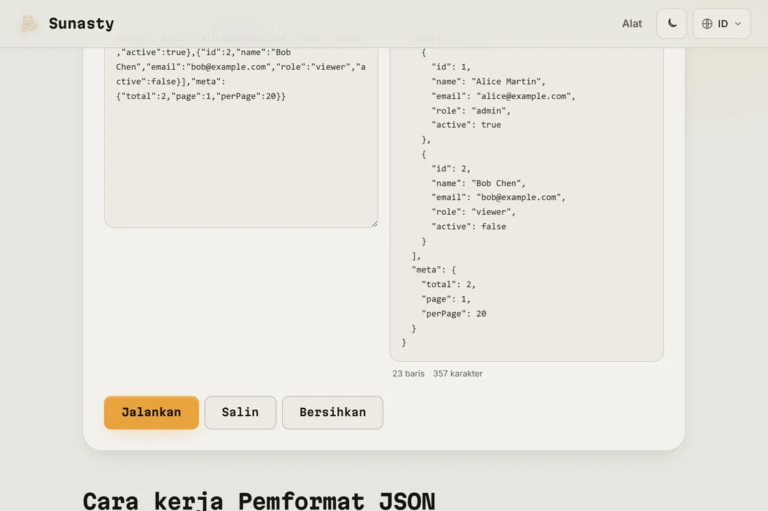 JSON yang sama setelah pretty-print dengan indentasi 2 spasi di panel keluaran