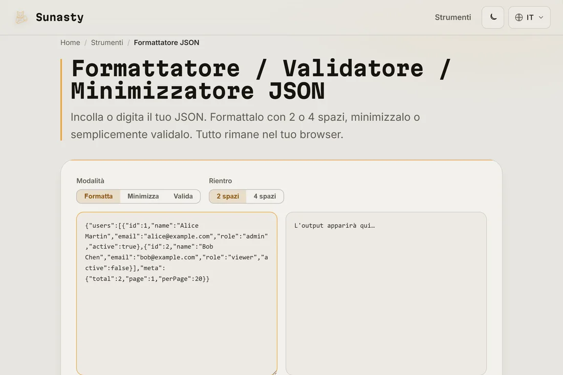 JSON minificato incollato nel pannello di ingresso del formattatore JSON