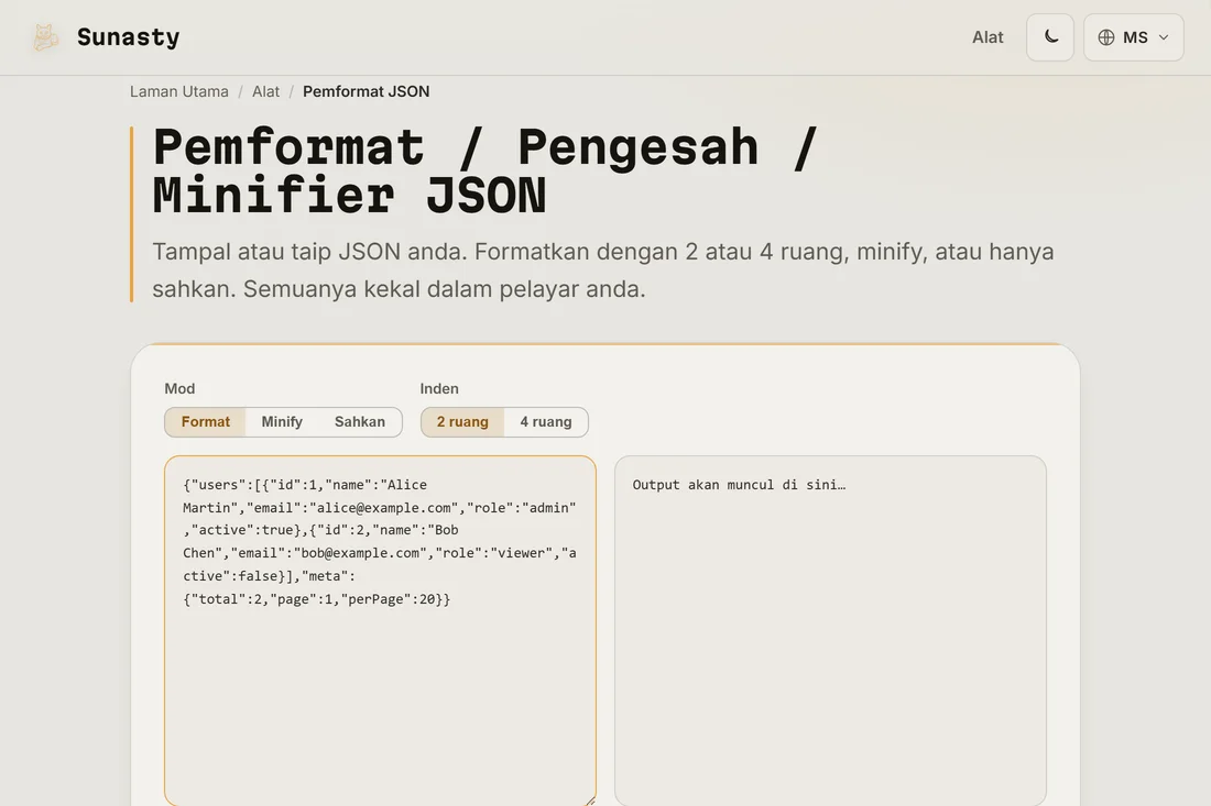JSON yang diminify ditampal ke dalam panel input pemformat JSON