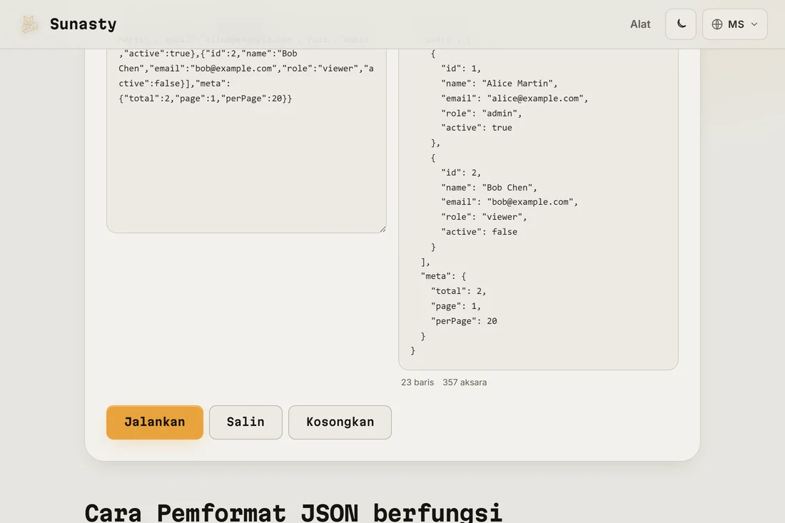 JSON yang sama dicetak kemas dengan inden 2 ruang dalam panel output