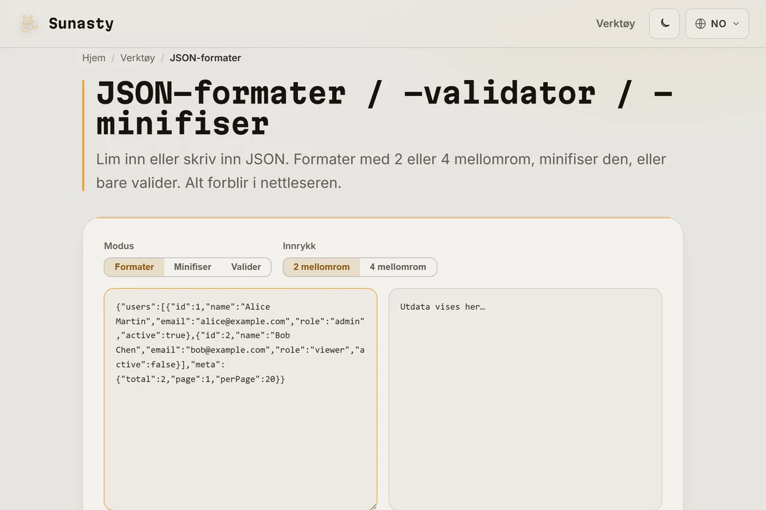 Minifisert JSON limt inn i inndatapanelet til JSON-formatereren