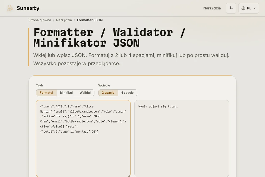 Zminifikowany JSON wklejony do panelu wejściowego formatera JSON