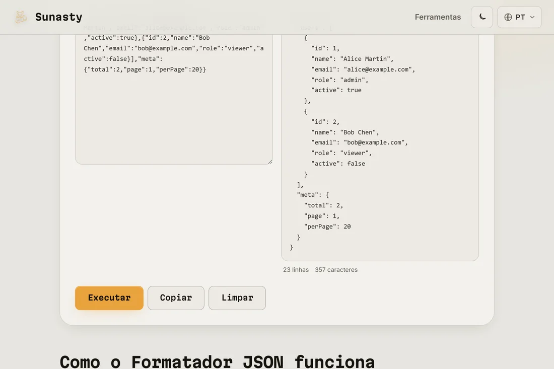 O mesmo JSON indentado com 2 espaços no painel de saída