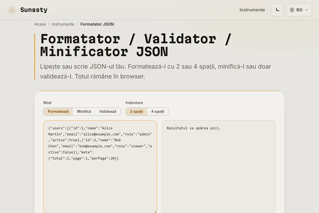 JSON minificat lipit in panoul de intrare al formatatorului JSON