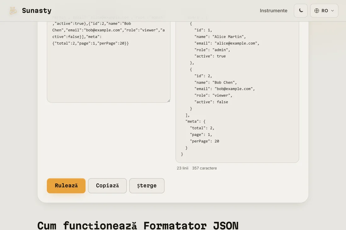 Acelasi JSON afisat formatat, cu indentare de 2 spatii, in panoul de iesire