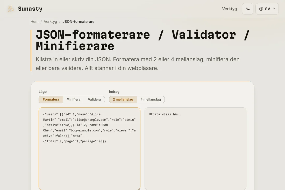 Minifierad JSON inklistrad i inmatningspanelen i JSON-formateraren