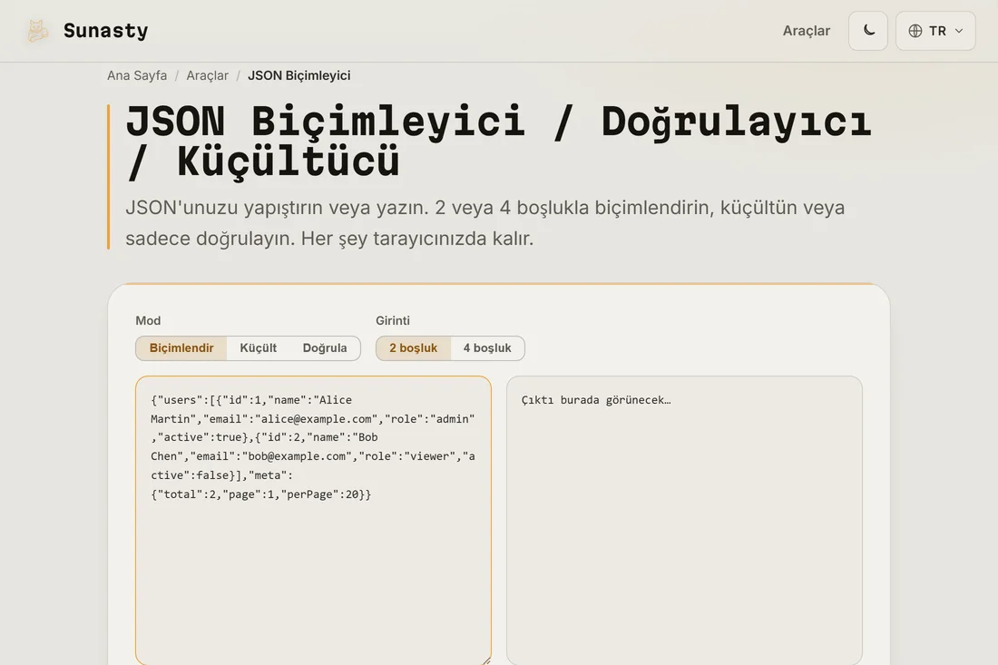 JSON biçimlendiricinin girdi paneline yapıştırılmış küçültülmüş JSON