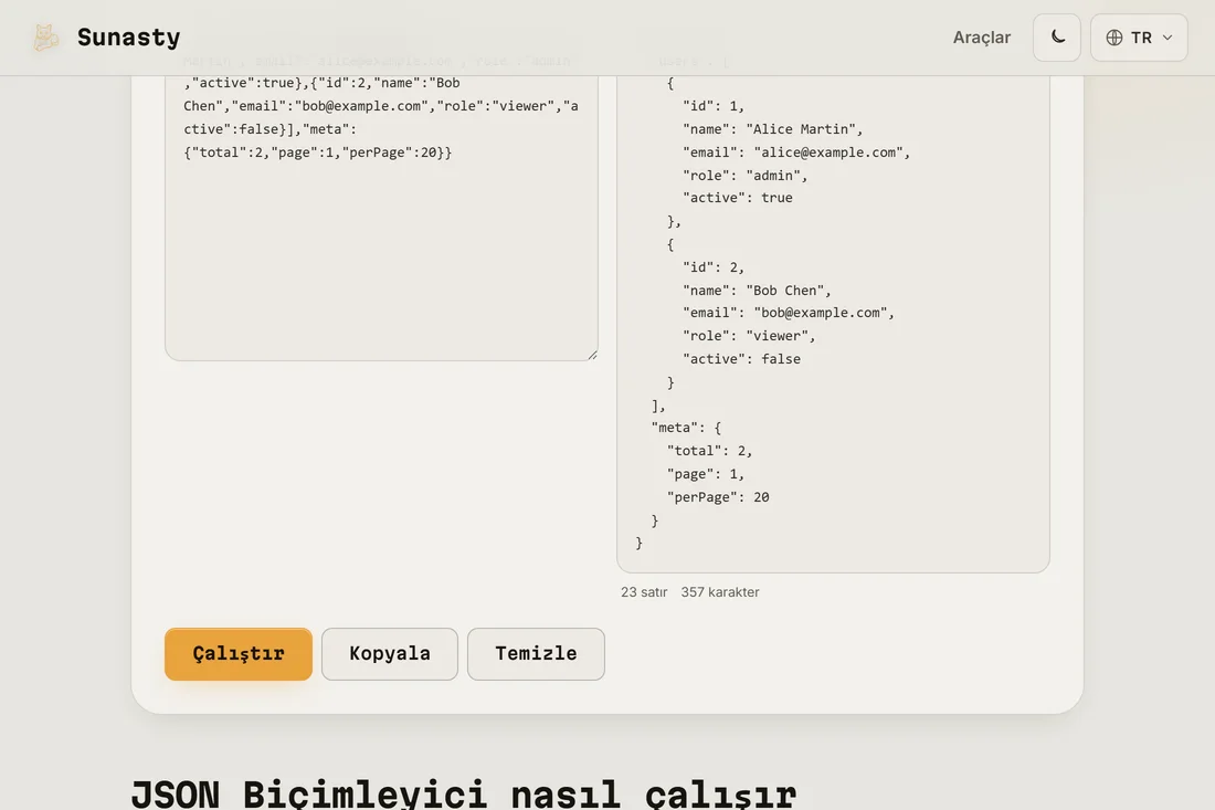 Aynı JSON'un çıktı panelinde 2 boşluk girintiyle düzgün biçimde yazdırılmış hâli