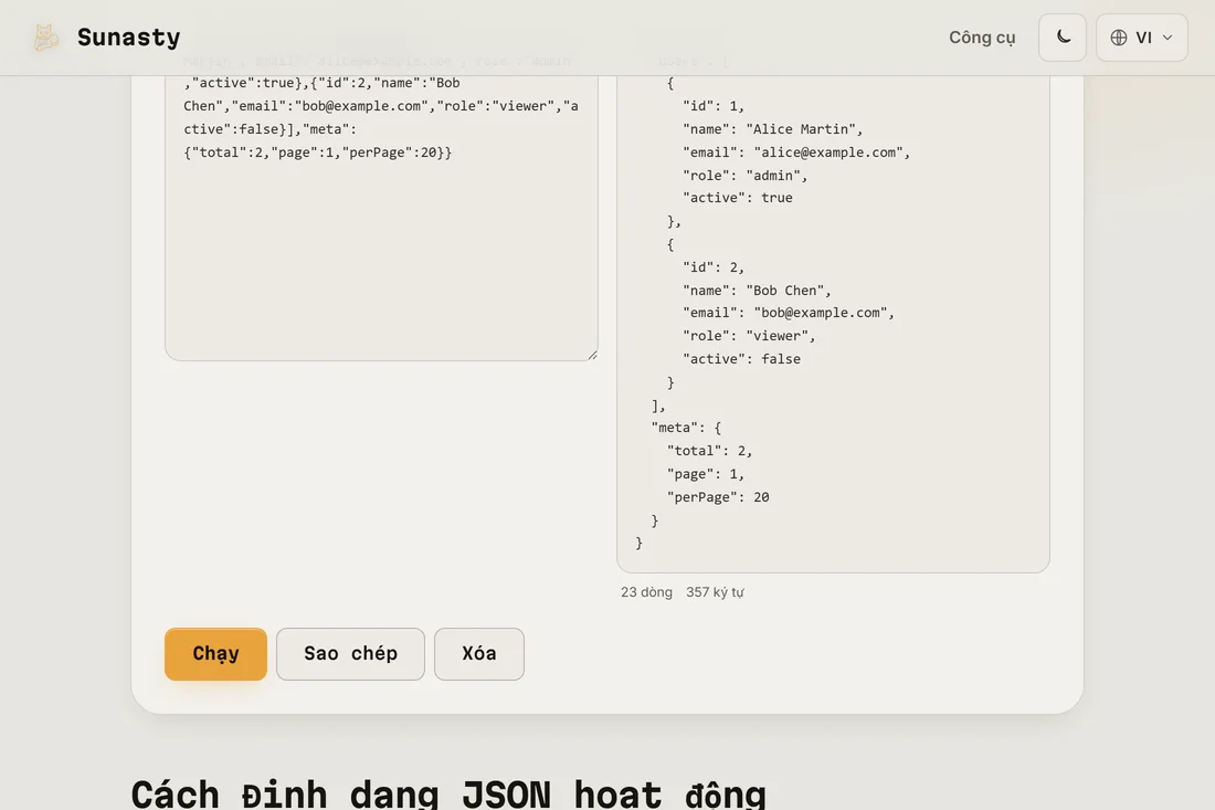 Cùng một JSON đó được in đẹp với thụt lề 2 dấu cách trong khung đầu ra