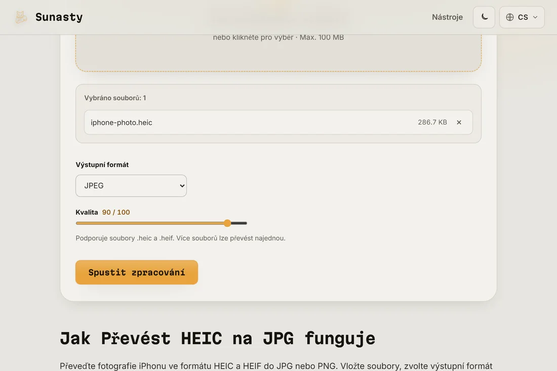 Převodník HEIC s načtenou fotkou z iPhonu a zvoleným JPEG jako výstupním formátem