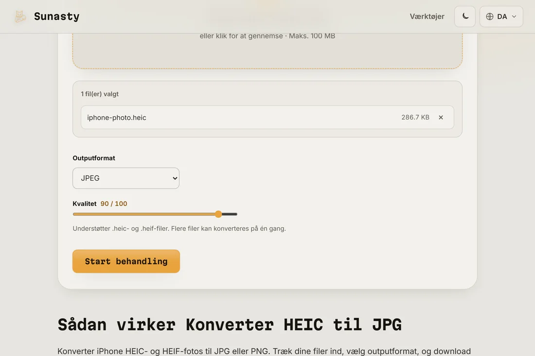 HEIC-konverteren med et iPhone-foto indlæst og JPEG valgt som outputformat