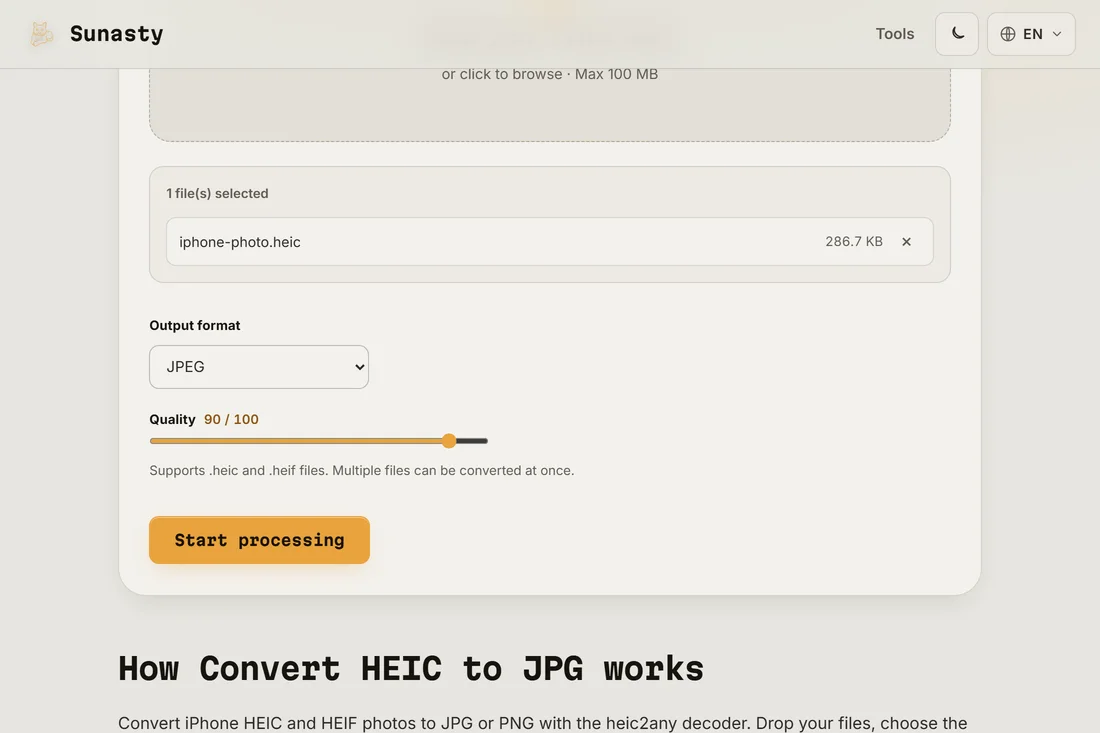 The HEIC converter with an iPhone photo loaded and JPEG selected as the output format