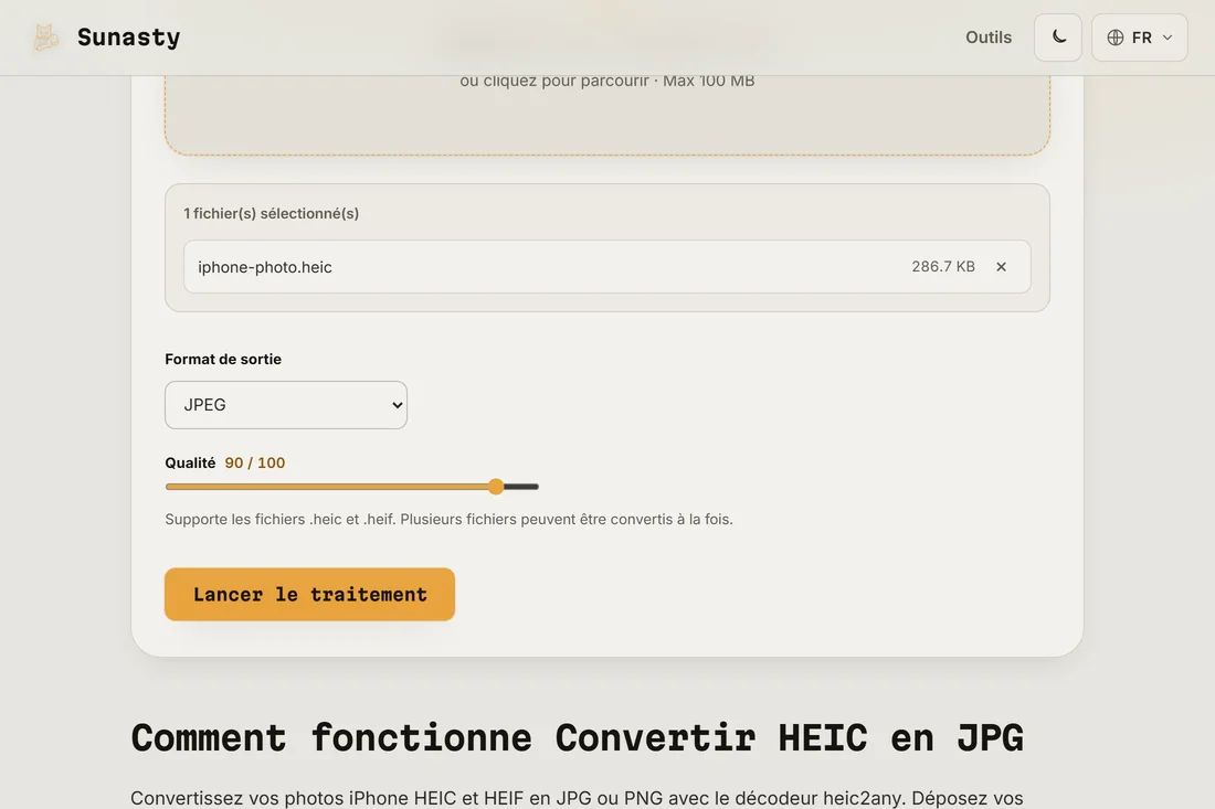 Le convertisseur HEIC avec une photo d’iPhone chargée et JPEG choisi comme format de sortie