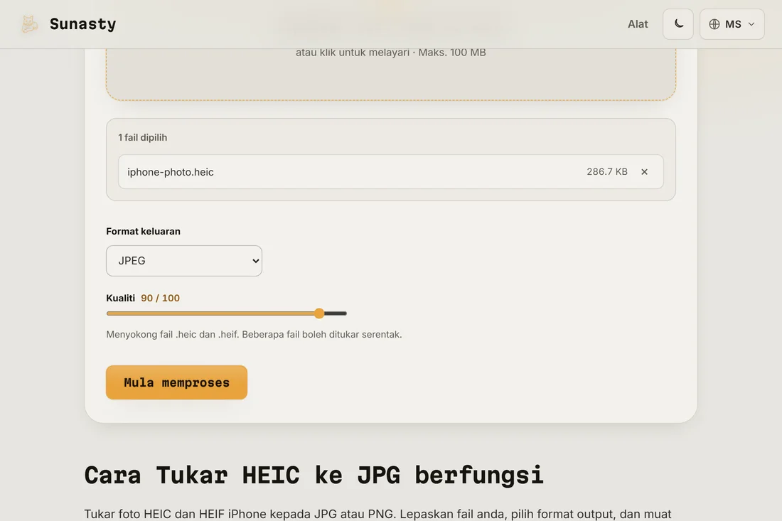 Penukar HEIC dengan foto iPhone dimuatkan dan JPEG dipilih sebagai format keluaran