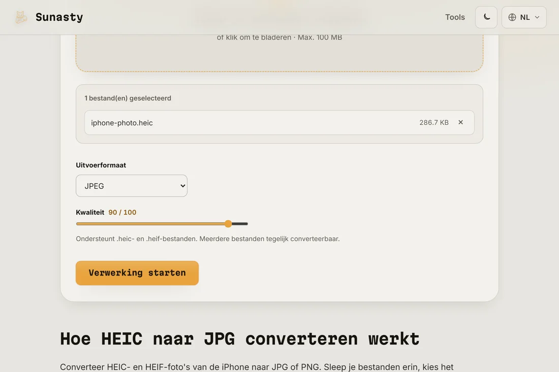 De HEIC-converter met een geladen iPhone-foto en JPEG geselecteerd als uitvoerformaat