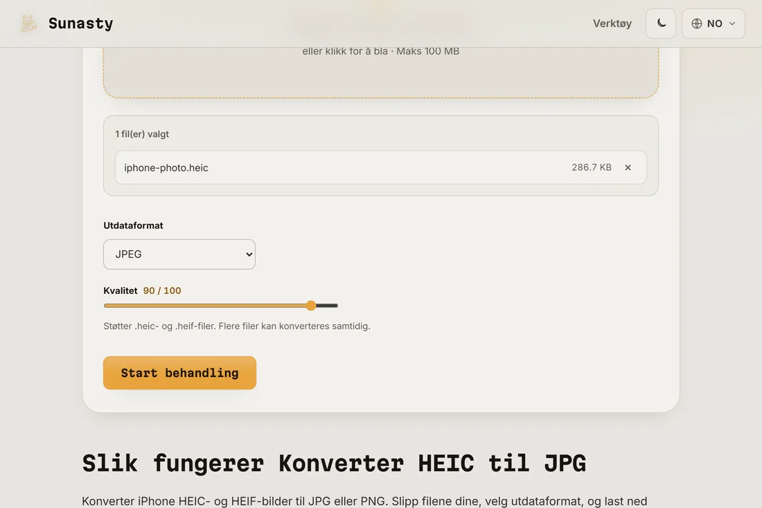 HEIC-konvertereren med et iPhone-bilde lastet inn og JPEG valgt som utdataformat