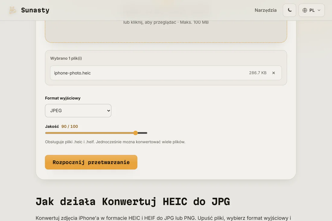 Konwerter HEIC z wczytanym zdjęciem z iPhone'a i wybranym JPEG jako formatem wyjściowym