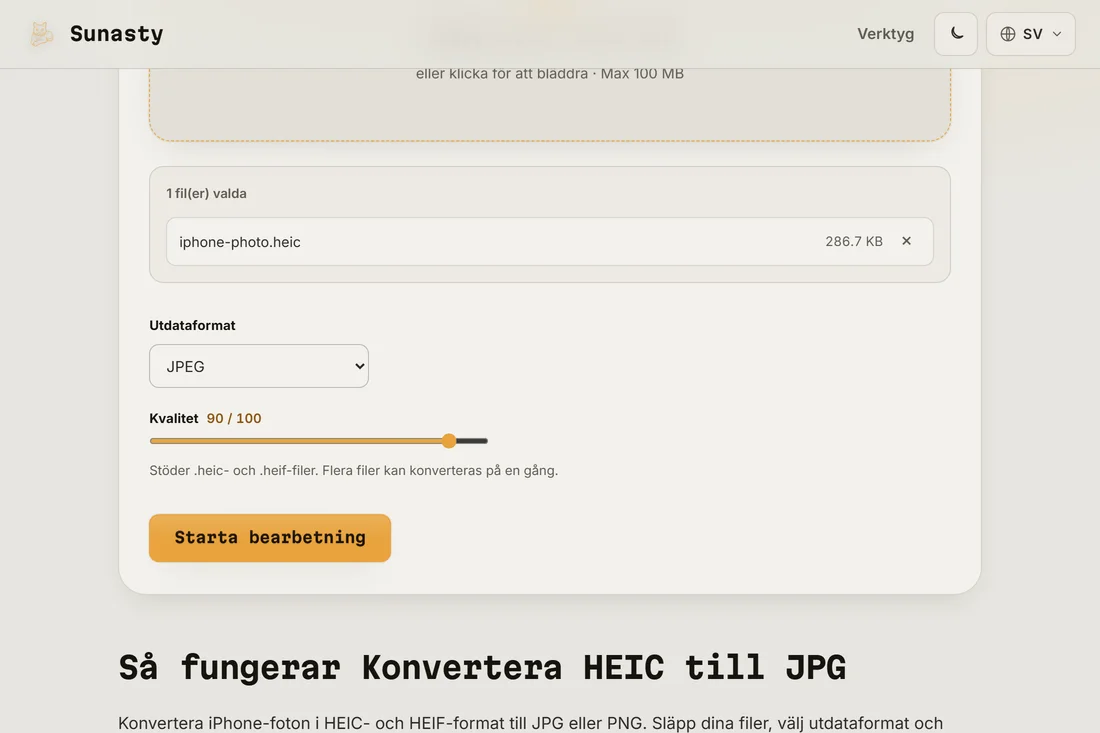 HEIC-konverteraren med ett iPhone-foto inläst och JPEG valt som utdataformat