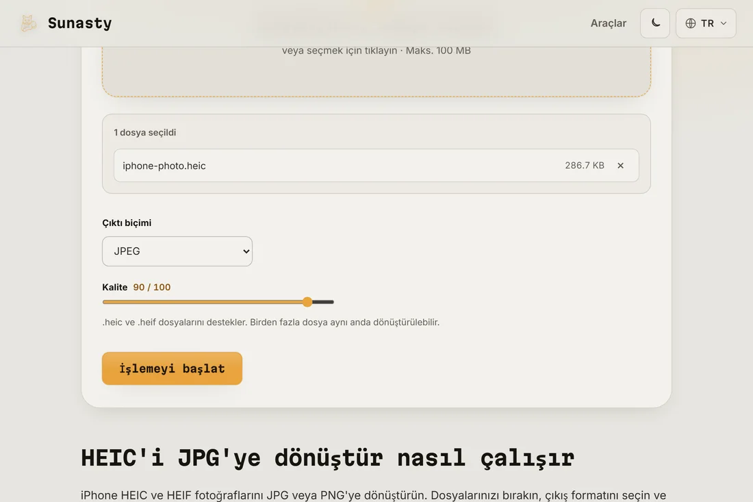 Bir iPhone fotoğrafı yüklenmiş ve çıkış formatı olarak JPEG seçilmiş HEIC dönüştürücü