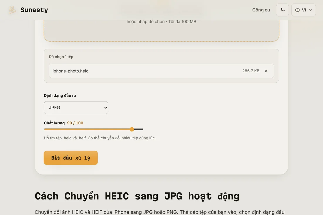 Công cụ chuyển HEIC với một bức ảnh iPhone đã nạp và JPEG được chọn làm định dạng đầu ra