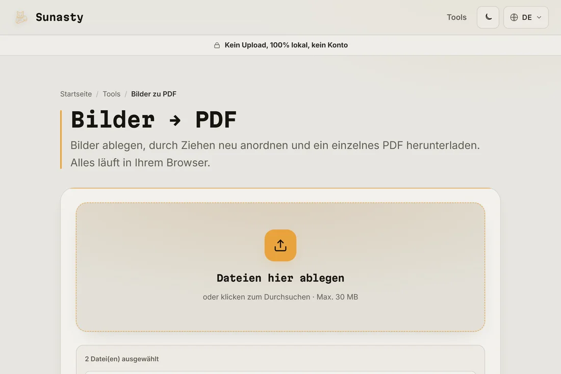 Der Bild-zu-PDF-Konverter mit zwei geladenen Scans, bereit zum Zusammenführen