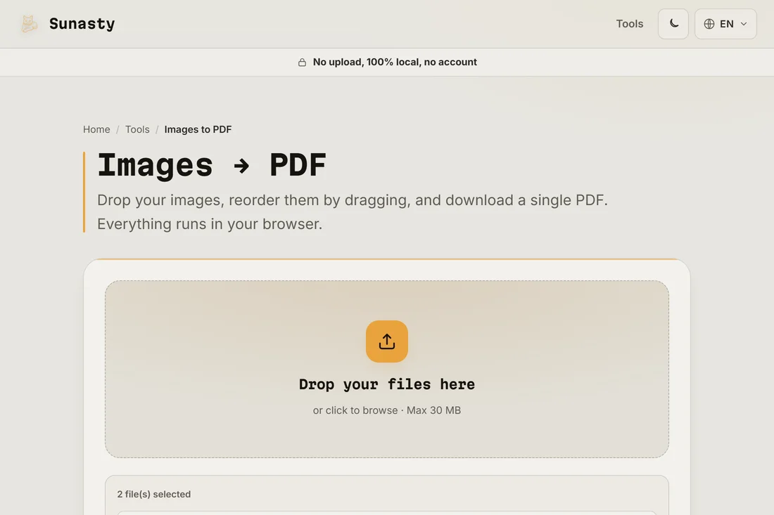 The image-to-PDF converter with two scans loaded and ready to merge