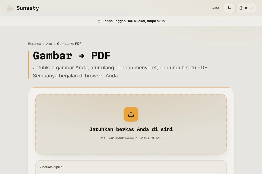 Pengubah gambar-ke-PDF dengan dua hasil pindai dimuat dan siap digabungkan