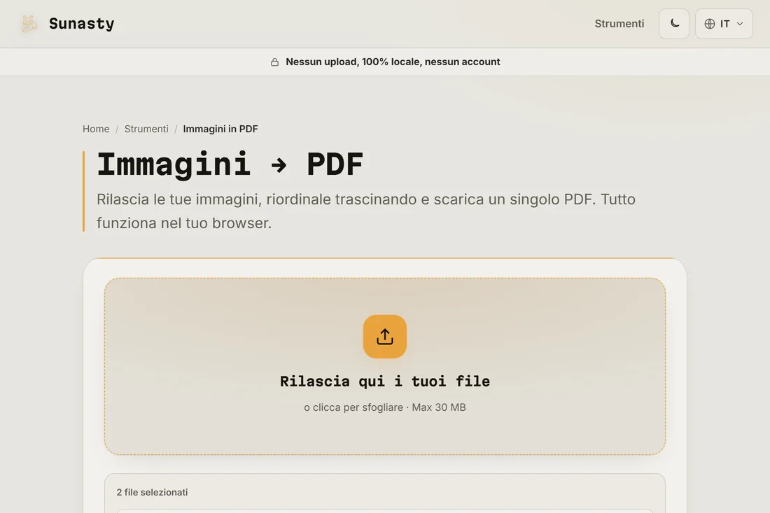 Il convertitore da immagine a PDF con due scansioni caricate, pronte per essere unite