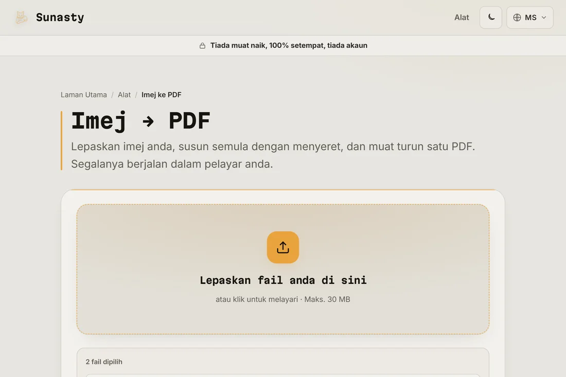 Penukar imej ke PDF dengan dua imbasan dimuatkan dan sedia untuk digabungkan