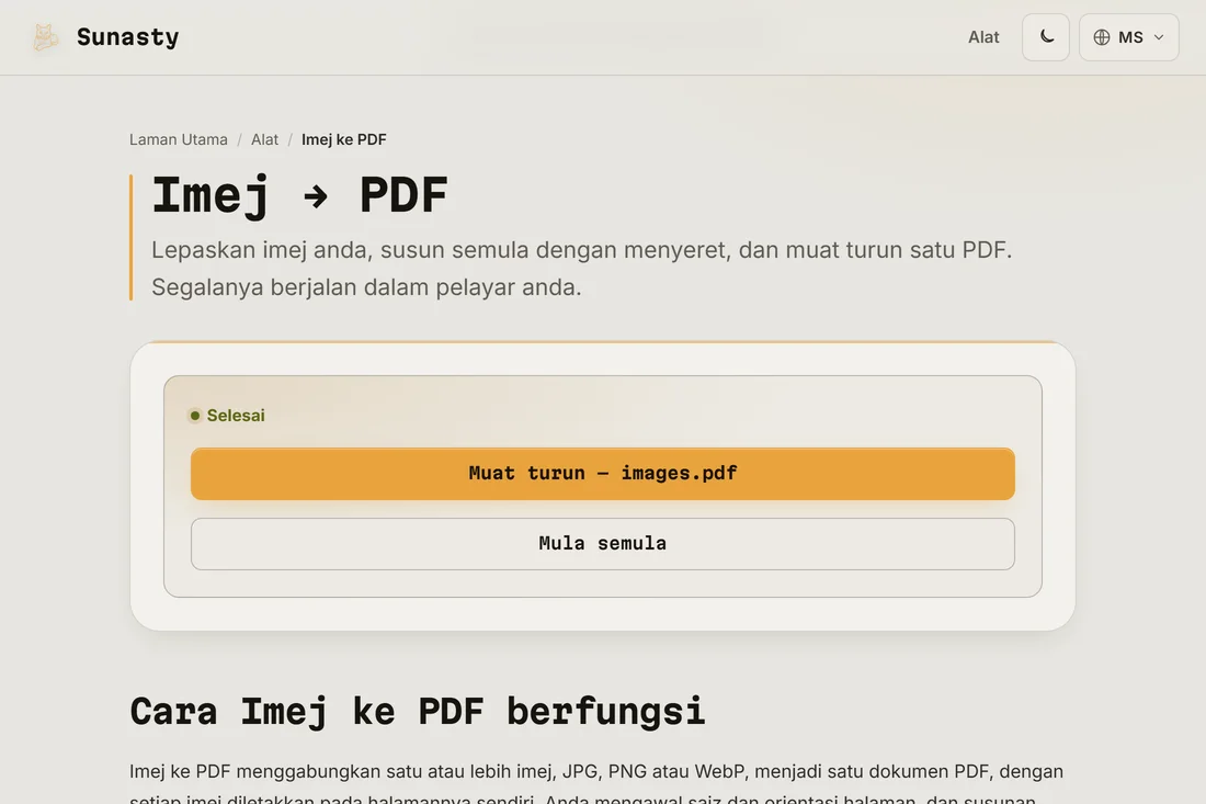 PDF yang terhasil sedia untuk dimuat turun, menunjukkan kedua-dua halaman