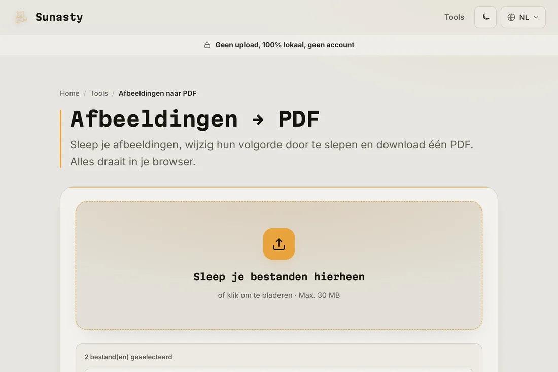 De afbeelding-naar-PDF-converter met twee geladen scans, klaar om samen te voegen