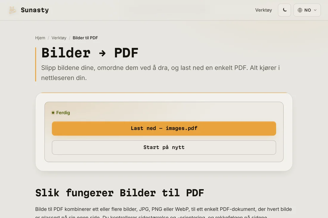 Den resulterende PDF-en klar til nedlasting, med begge sidene synlige