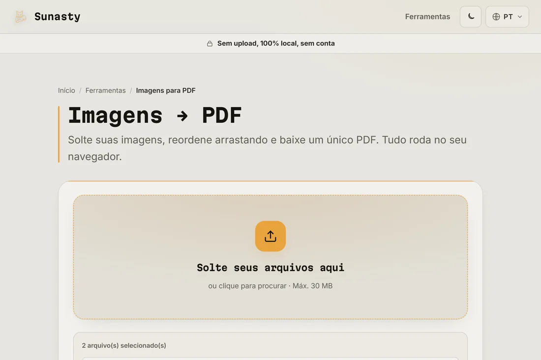 O conversor de imagem para PDF com duas digitalizações carregadas, prontas para serem unidas