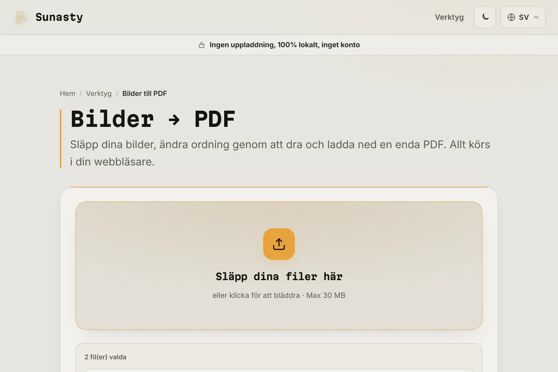 Konverteraren bild till PDF med två skanningar inlästa, redo att slås ihop
