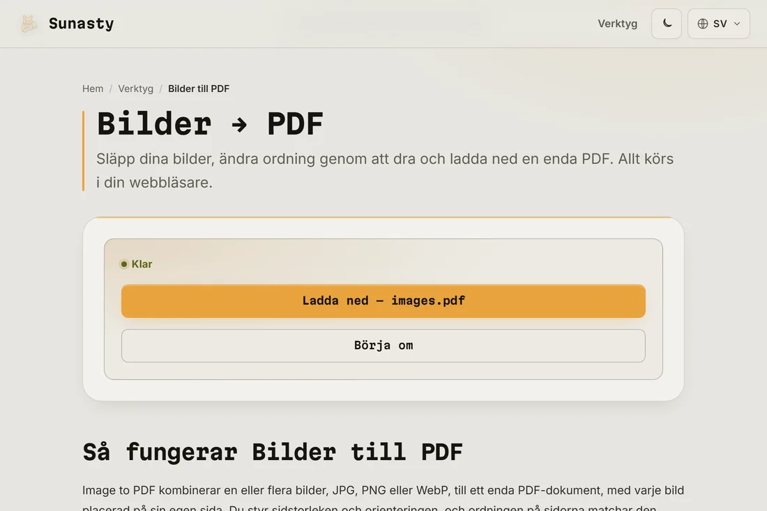 Den resulterande PDF-filen redo att laddas ner, med båda sidorna synliga