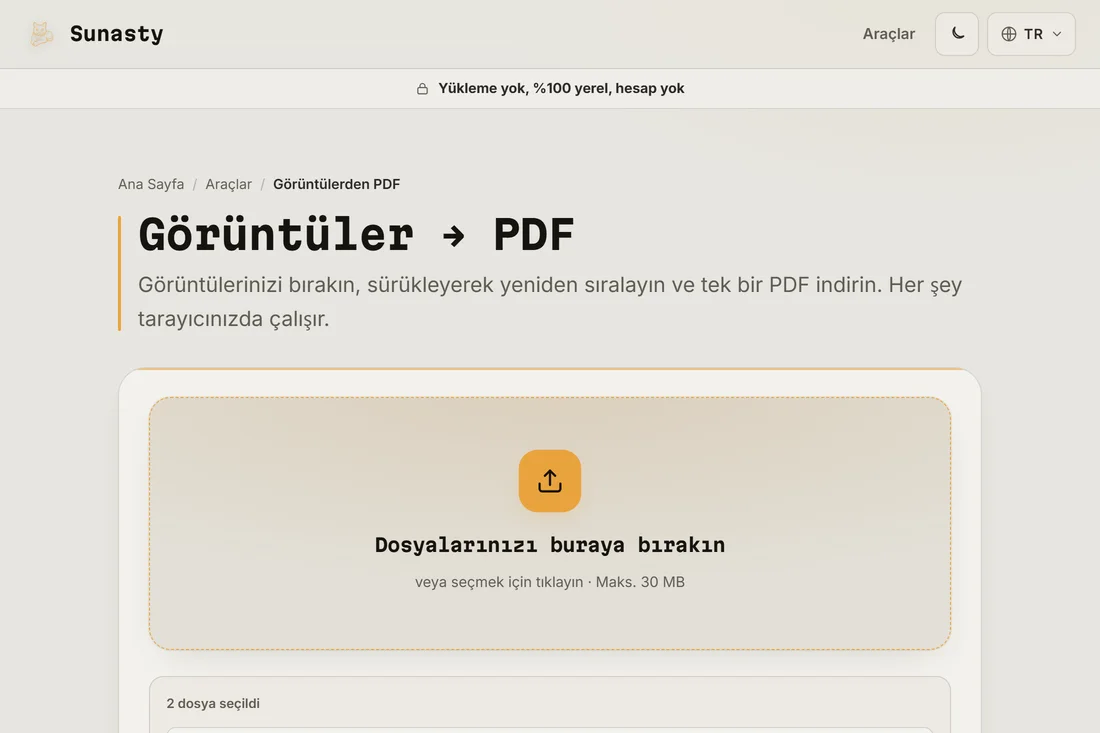 İki tarama yüklenmiş, birleştirilmeye hazır görselden PDF'e dönüştürücü