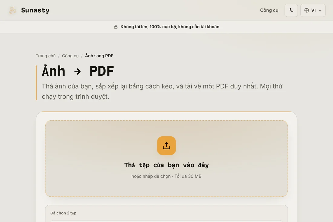 Công cụ chuyển ảnh sang PDF đã nạp hai bản quét, sẵn sàng để gộp