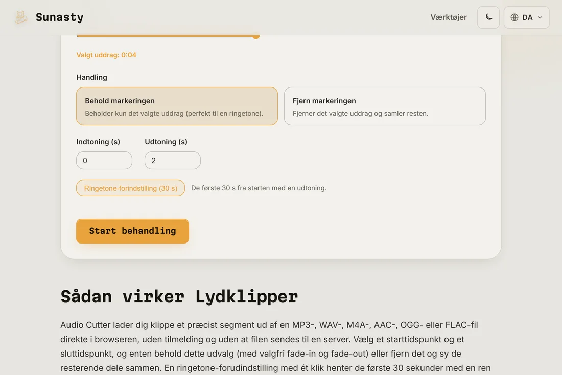 Lydklipperen med en sang indlæst, ringetone-forindstilling anvendt og segmentet fremhævet på bølgeformen